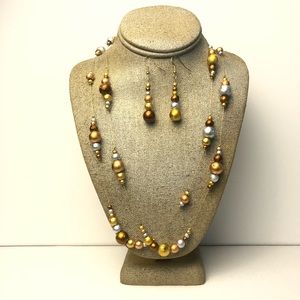 Gold Toned Bead Necklace and Earring Set